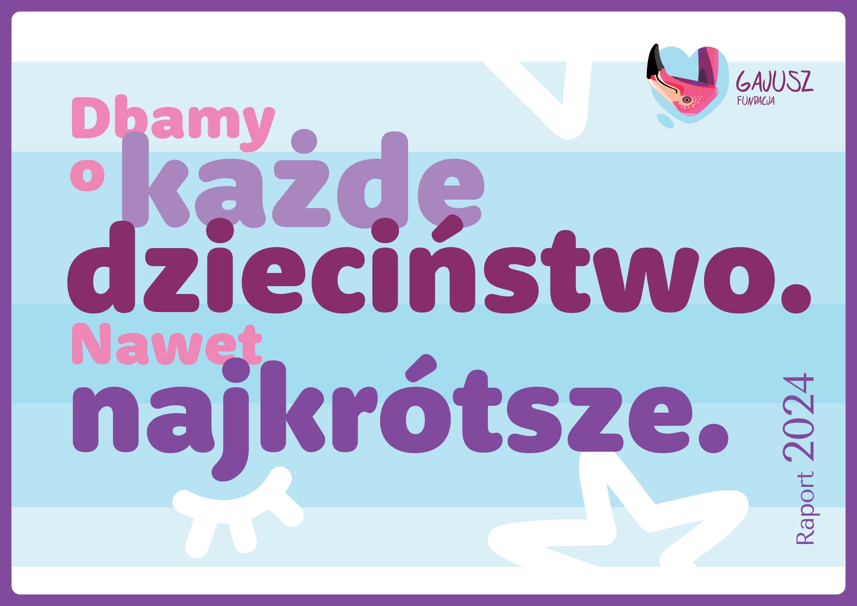 Wstępniak okładka raportu z napisem „Dbamy o każde dzieciństwo. Nawet Najkrótsze”, z tonalnym przejściem niebieskiego z tyłu wraz z logo Fundacji Gajusz