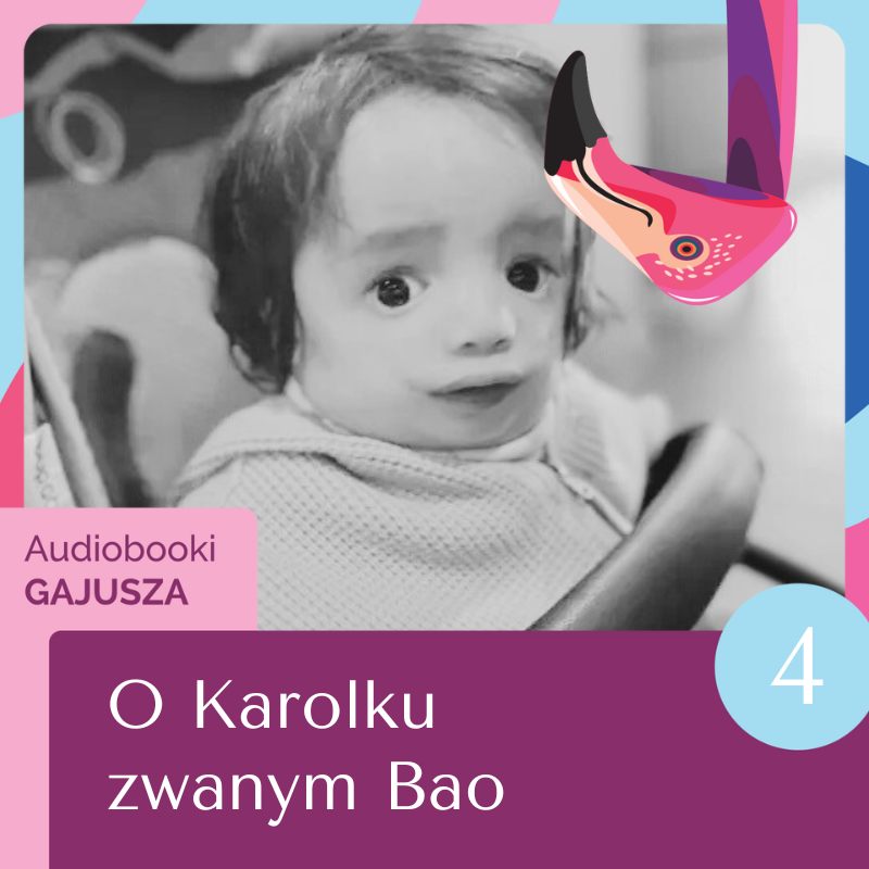 Okładka audiobooka „O Karolku zwanym Bao” – chore dziecko pod opieką Fundacji Gajusz, w wózku.