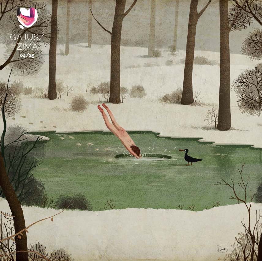 Okładka kwartalnika „Kwartalnik Gajusz zimą 04/25” – ilustracja zimowego lasu z zamarzniętym jeziorem, do którego skacze zanurzające się w przeręblu dziecko; obok na lodzie stoi czarna kaczka.